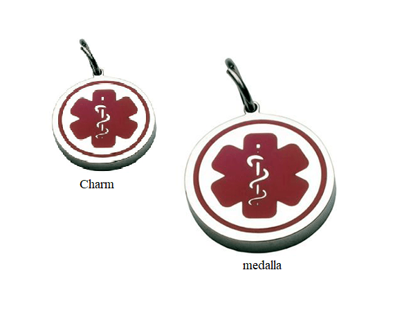 ID Redondo En Acero Símbolo Medico Rojo Charm13*13 Y Medalla 26*26 Mm